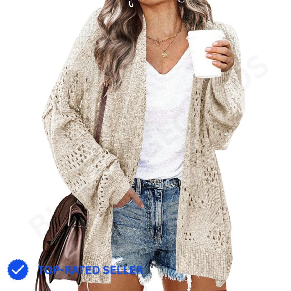 Plus Size Crochet Cardigan Kimono Oversized Boho Open Front Lightweight Sweater